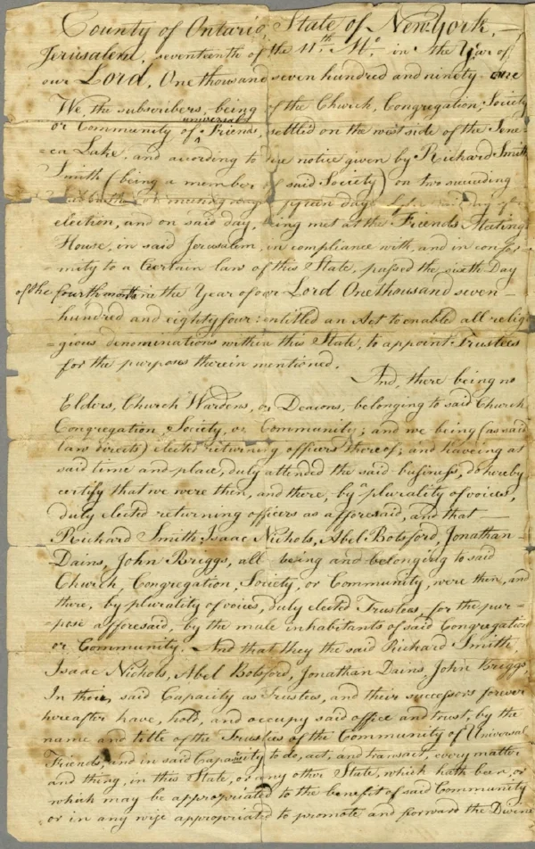 Act of Incorporation that established the Society of universal Friends in 1791, as seen on History Detectives and now currently in the Communal Societies collection at Hamilton College . 