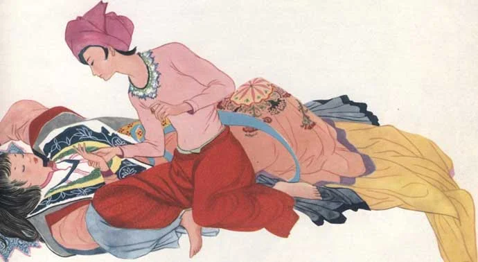 We weren't able to find illustrations of Budur and Hayat, so here is one of Qamar and Budur from the 1958 Italian Young Readers book Le Mille E Una Notte. You can find more illustrations of this tale from this edition here . 