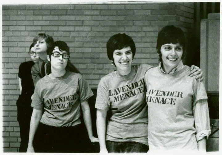 Meeting of radical women's group Lavender Menace with Brenda in the background (left, black shirt), early 1970s.