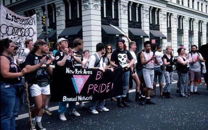 New York Area Bisexual Network contingent at NYC Pride March with Brenda Howard visible second from the right (black tank top). 