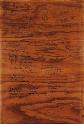 MIguel n. Lira’s Tabla con Diferentes Frasas y Firmas signed by friends, including frida kahlo, fellow member of “los Cachuchas,” 1948.