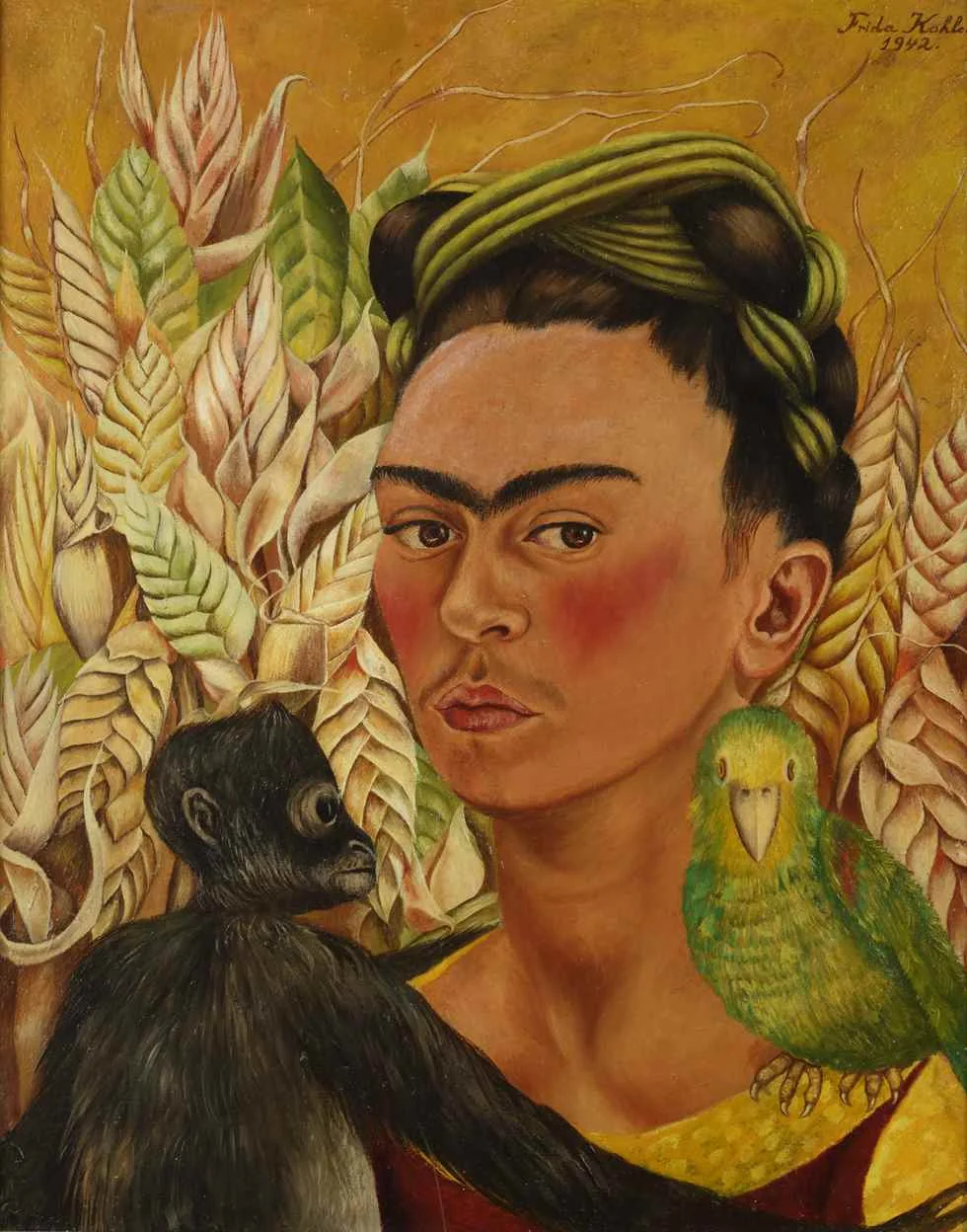Self portrait with monkey and parrot , 1942.