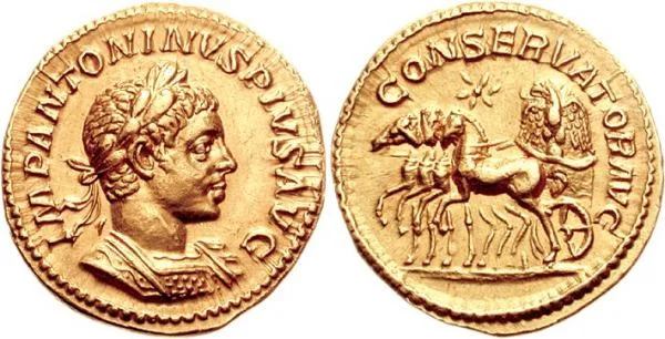 Roman aureus featuring the bust of elagabalus (right) and a chariot driven by four horses (right) containing the stone of emesa—representing Elagabal—topped by an eagle—a symbol of protection in Syrian iconography and of roman imperial authority in roman iconography. 222 CE.