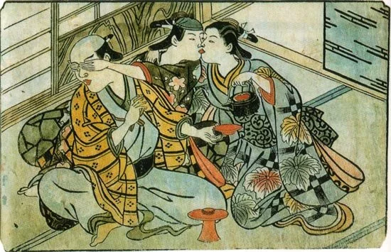 Nishikawa Sukenobu. ca. 1716–1735. A wakashu (center) steals a kiss from a female sex worker (right) behind the back of his male patron (left).