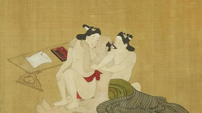 Miyagawa Choshun (1683-1753),from “A Rare and Important Nanshoku (Male-Male) Shunga Handscroll.” 18th Century. That feel when you’re about to write a letter but decide a threesome is better.