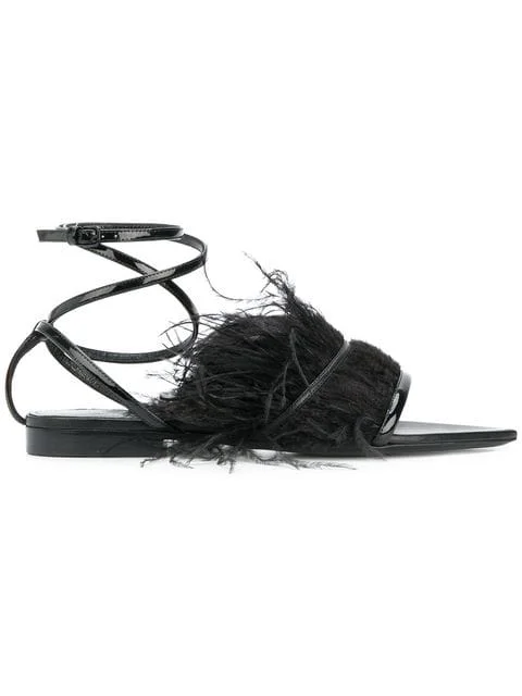 Saint Laurent Feather Trim Ankle Strap Sandals