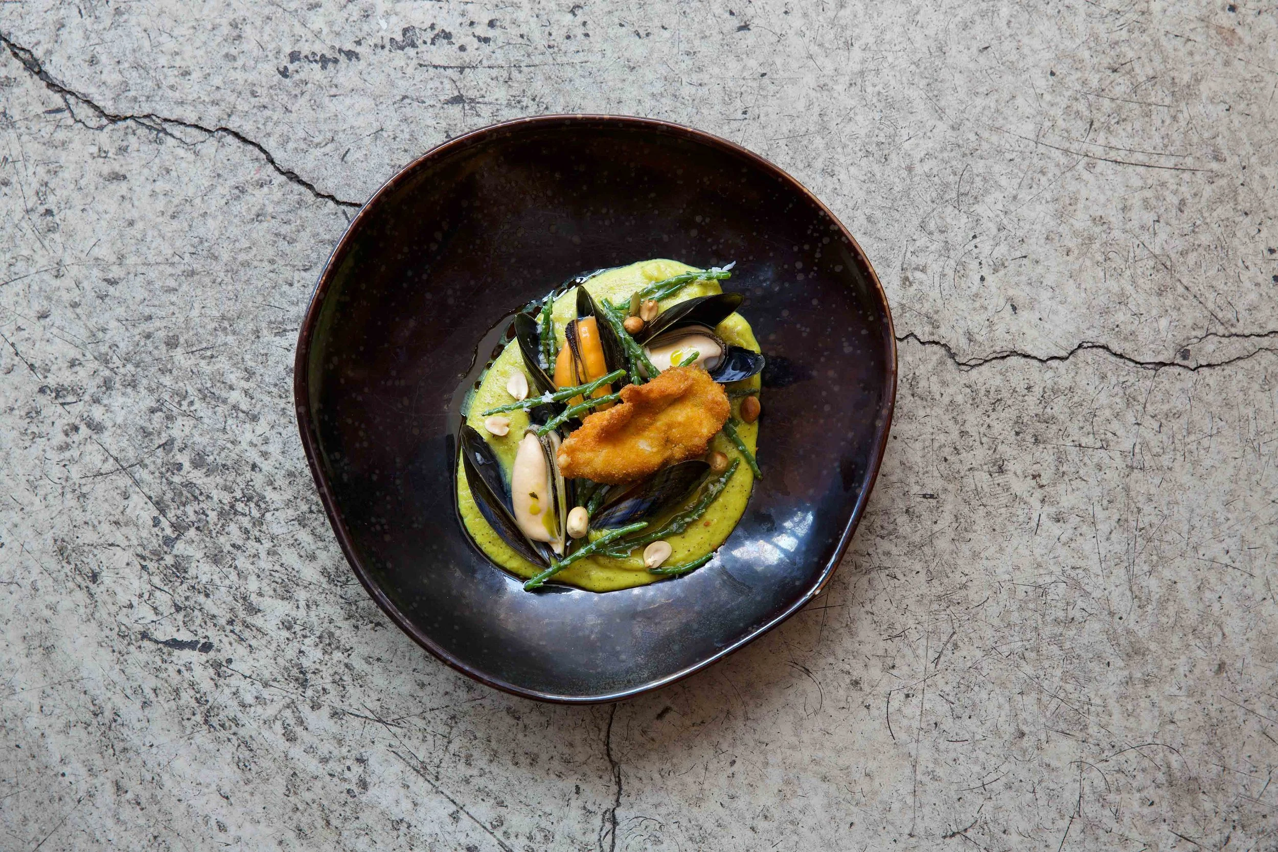 Crispy oyster and mussels in a coconut Keralan sauce