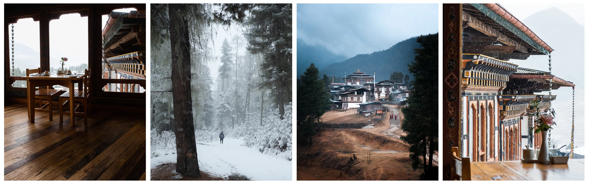 Breakfast hall, Snow covered pine forests, Gangtey Monastery, View from Dewachen