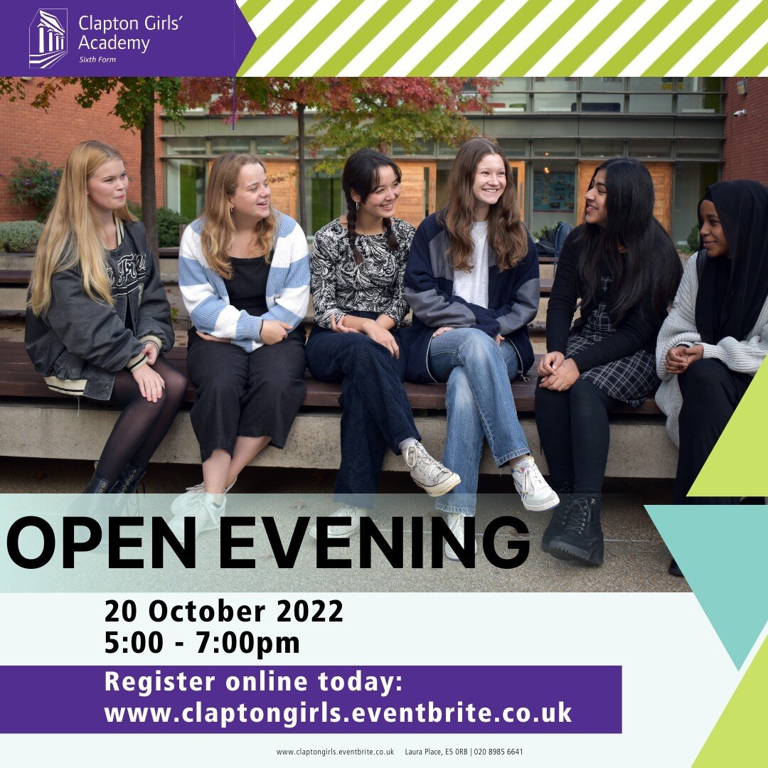 Join us tomorrow at Clapton Girls' Academy Sixth Form Open Evening, and discover more about our Sixth Form and your subjects of interest!

Thursday 20 October 2022
5:00 - 7:00pm

🎟️ Visit the link in our bio to book your place 🎟️