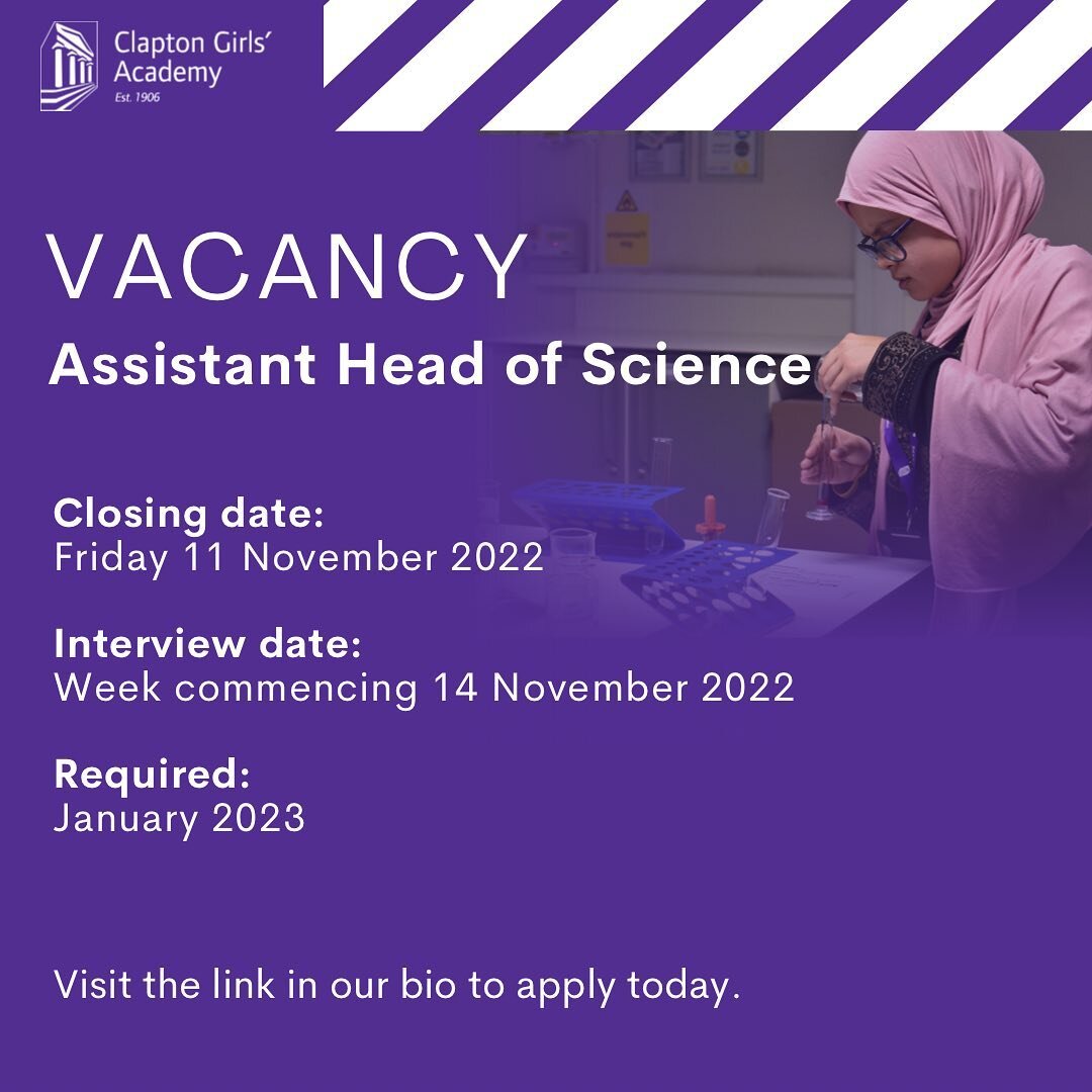 If you are passionate about teaching Science, keen to develop your leadership experience &amp; support our KS3 and KS4 Science curriculum, then we have the perfect job for you! ⚗️⚛️

Apply by this Friday 11 November via the link in our bio. 

#clapto