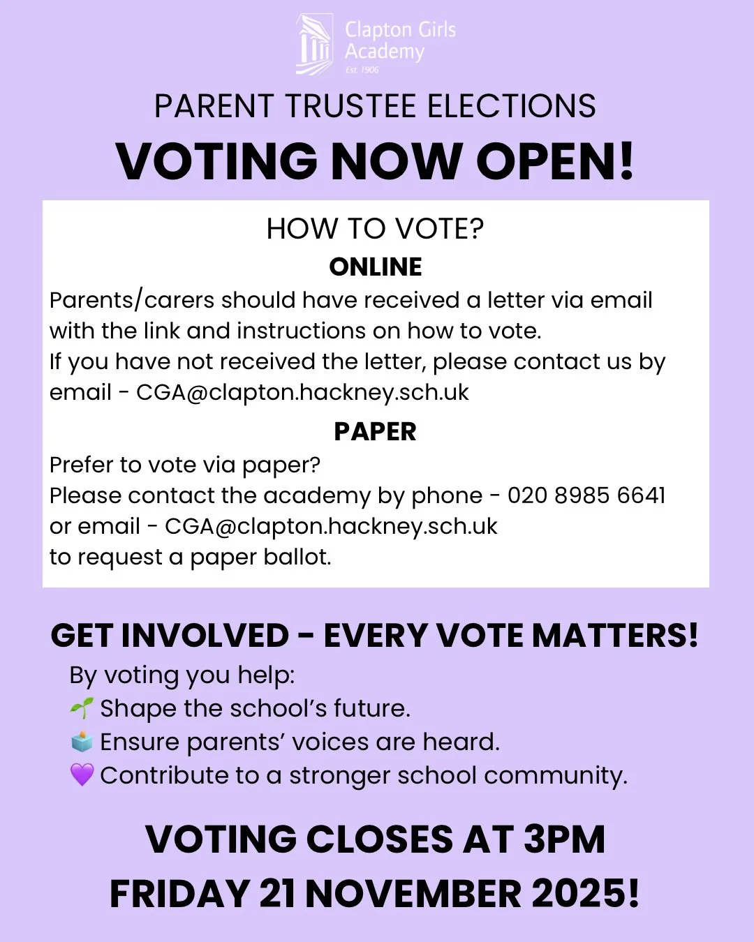 Have your say! 💜
Vote in the Parent Trustee elections before 3pm on Friday 21 November 2025.