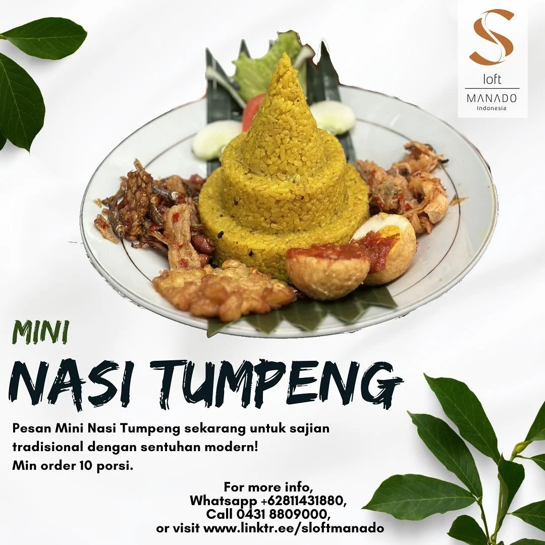 Nikmati Mini Nasi Tumpeng, praktis dan lezat untuk merayakan momen spesial Anda. Pesan sekarang untuk sajian tradisional dengan sentuhan modern!
Min. 10 porsi.

For more info,
📞 0431 8809000
📱 +62811431880
📧 rsvns.sloftmanado@gmail.com
📍S Loft Ma