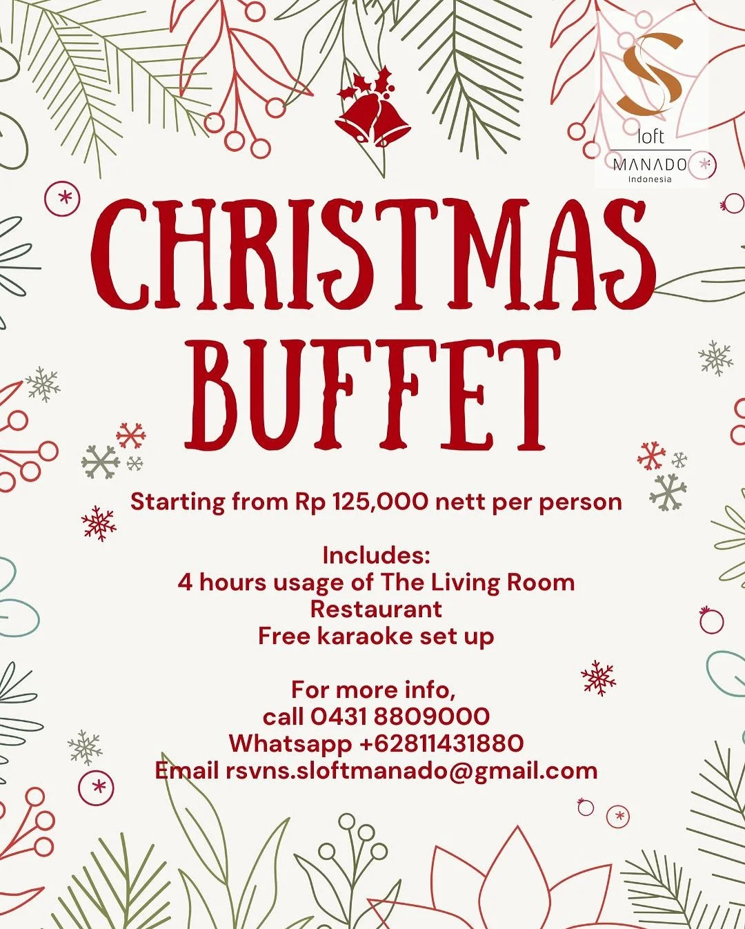 Invite your families &amp; friends to a Christmas dinner (buffet or family style) to remember at The Living Room Restaurant. The extensive menu serves local flavours and Asian delicacies that would surely please everyone in the family. 

Price starti