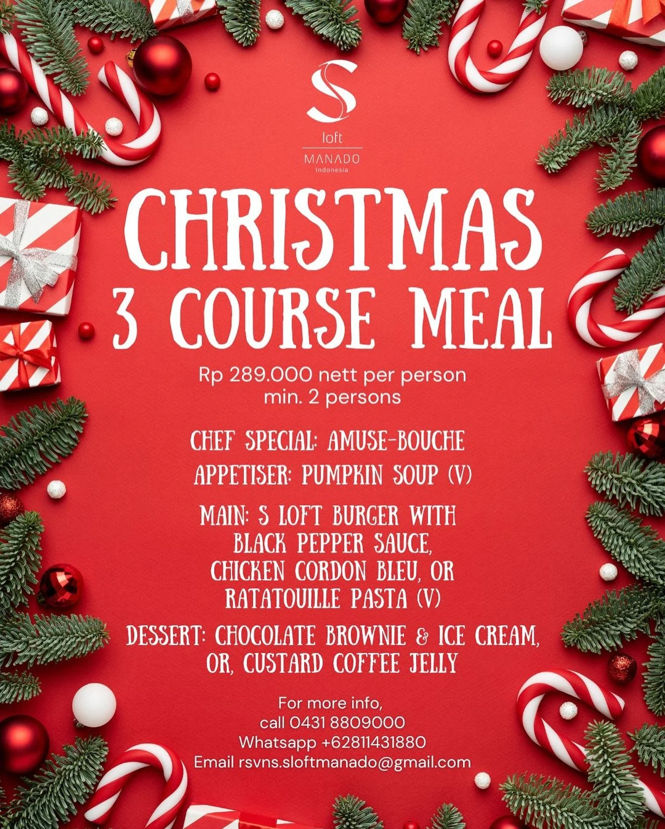 Indulge in a fancy 3 course meal at S Loft Manado with a selection of never before featured menu, such as Ratatouille Pasta (v) and Custard Coffee Jelly! 

Book now at +62811431880 

📍S Loft Manado
Jln Sam Ratulangi II no 118
Manado 95117, Indonesia