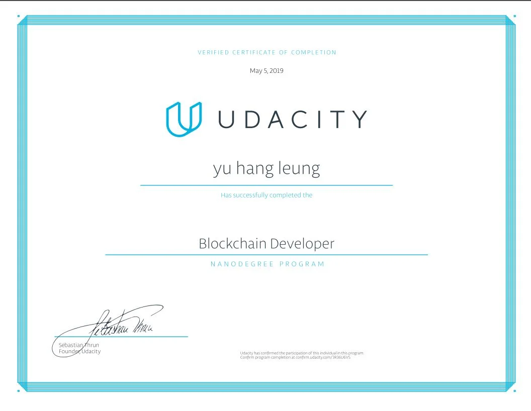 Finally, got my blockchain developer nanodegree certficate