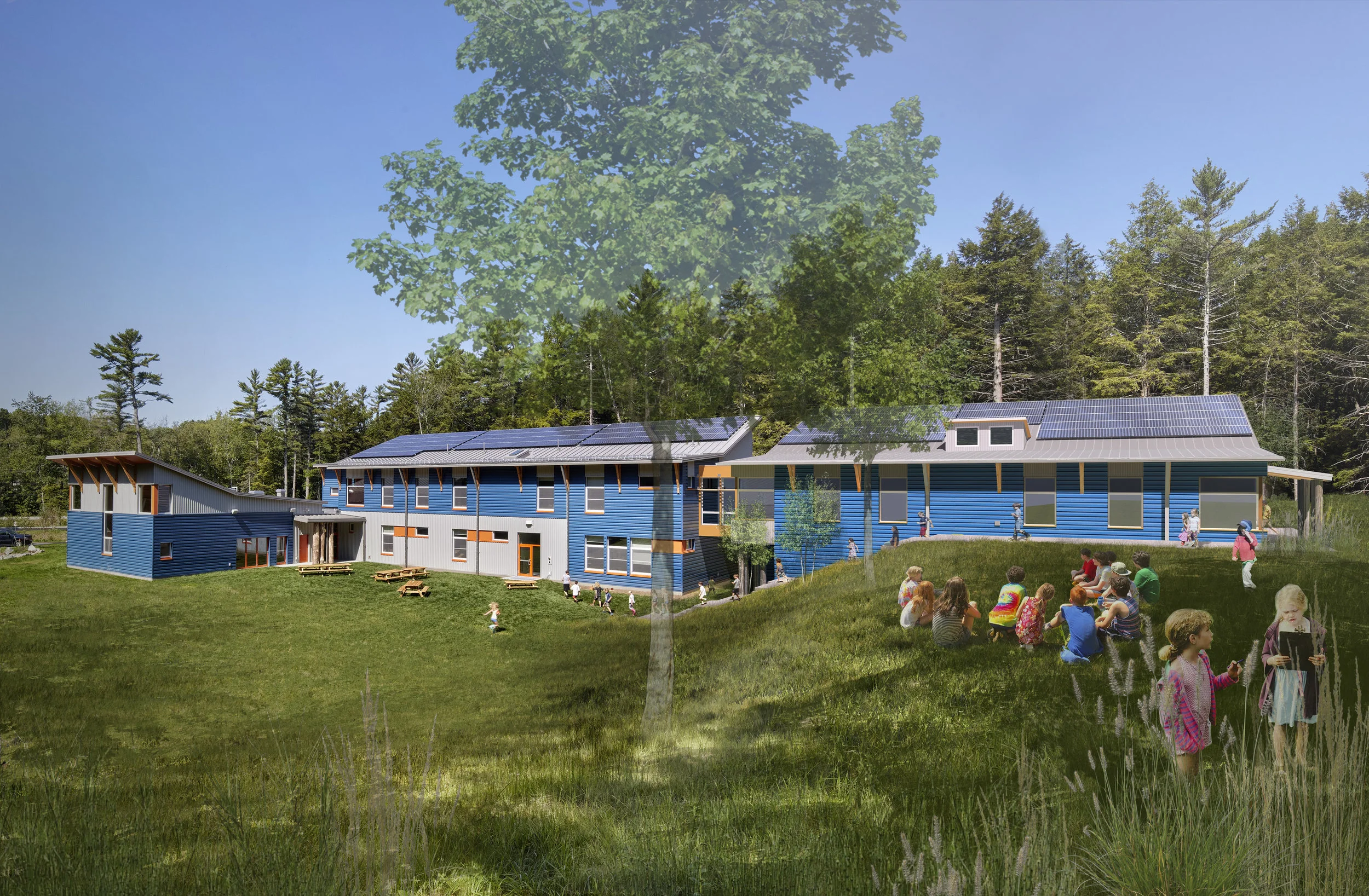 This rendering shows the proposed middle school wing on the right.
