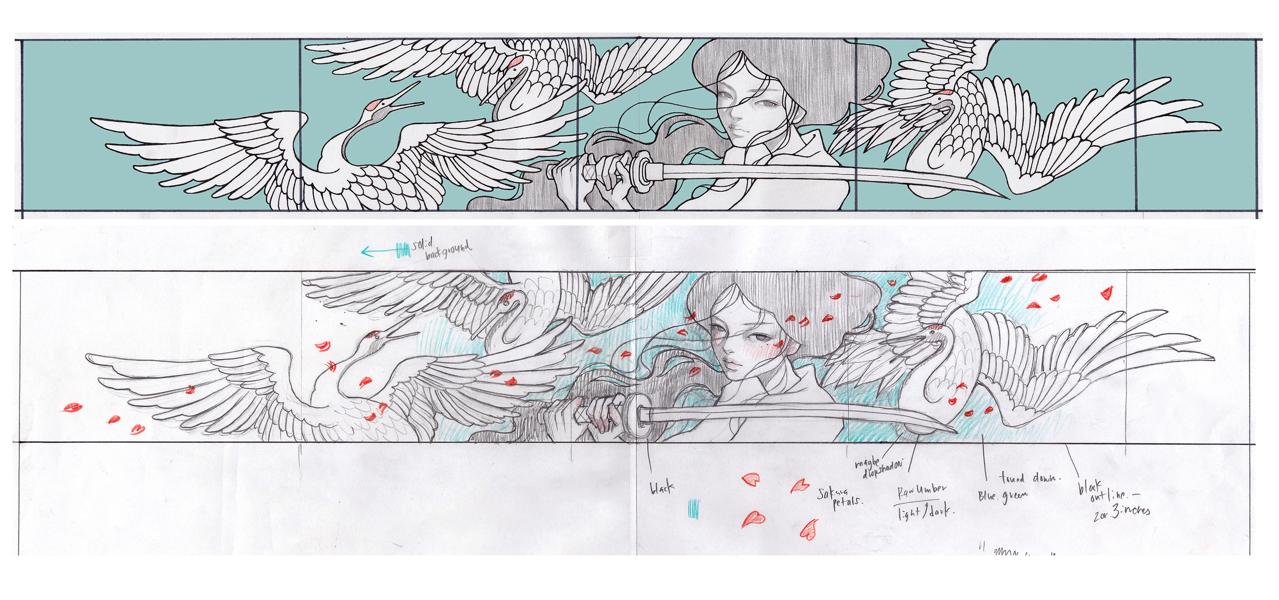sketch for mural at Worchester Art Museum, Samurai! 2015. Massachusetts, Boston. US.
