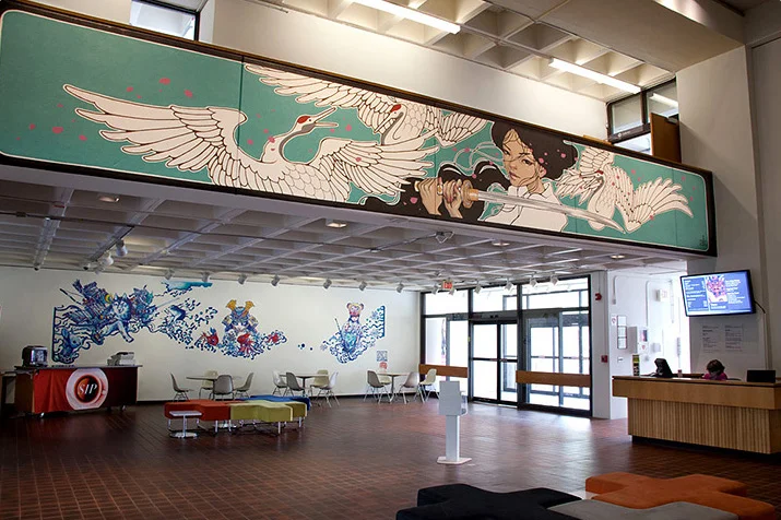 35ft x 5ft. mural at Worchester Art Museum, Samurai! 2015. Massachusetts, Boston. US.
