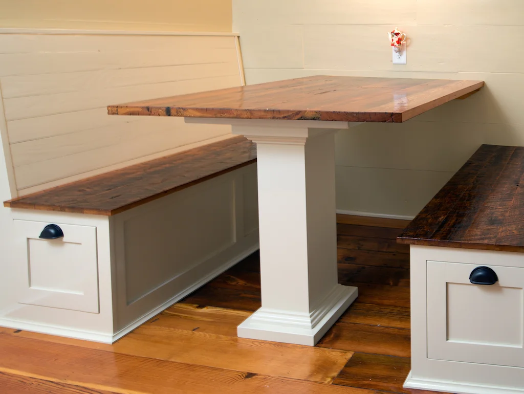 Built in Breakfast Nook with Reclaimed Heart Pine Top