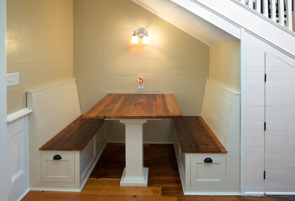 Built in Breakfast Nook with Reclaimed Heart Pine Top