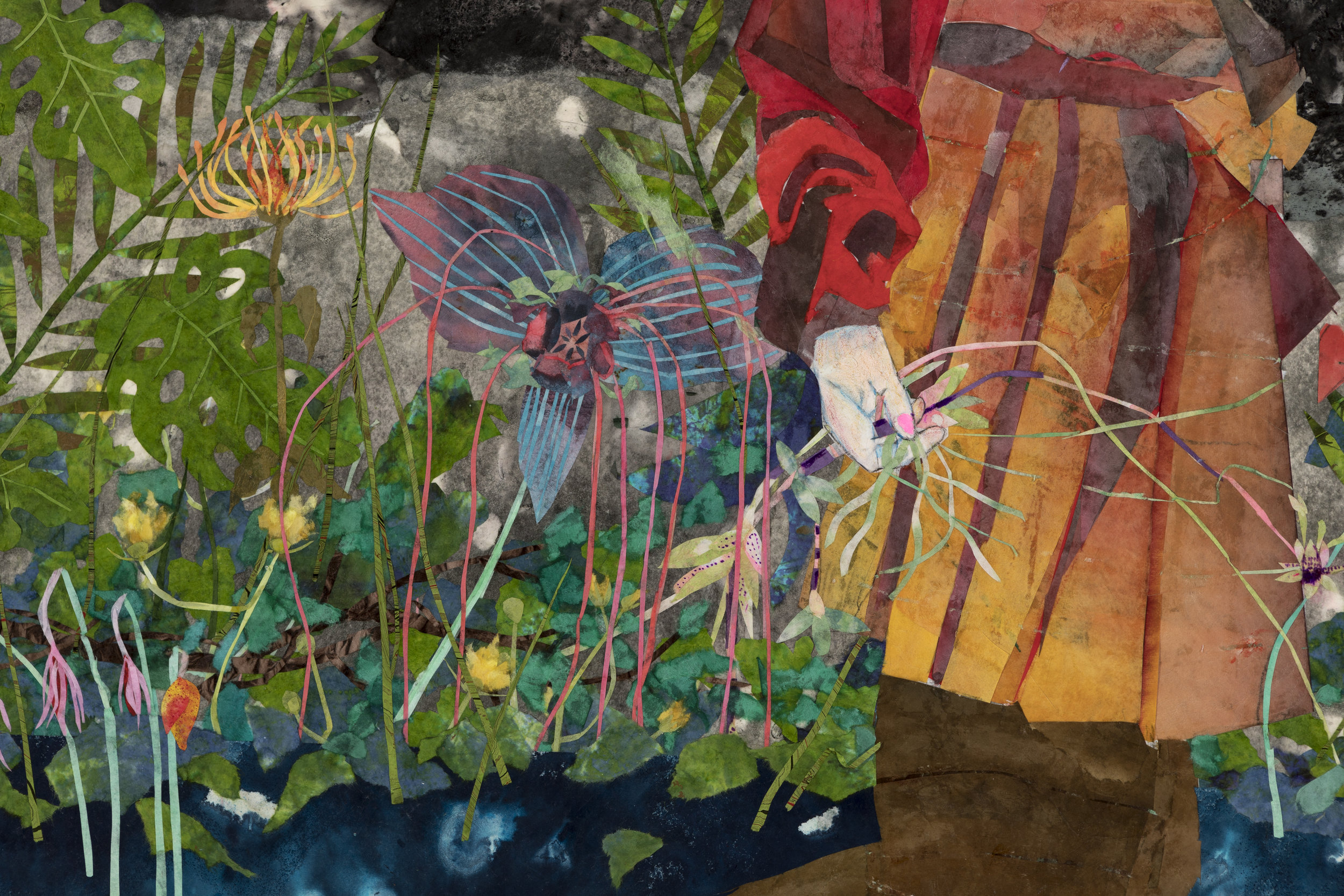 María Berrío Night Song, 2019 (detail) Collage with Japanese paper and watercolour paint 152.4 x 121.9 cm 60 x 48 in © Maria Berrio Courtesy the artist and Victoria Miro, London/Venice