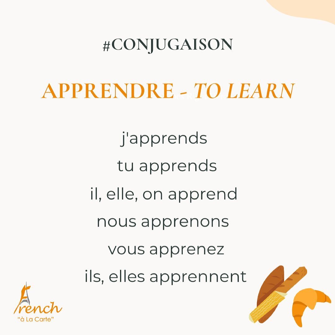 #conjugaisondujour : le verbe &laquo;&nbsp;apprendre&nbsp;&raquo; au pr&eacute;sent de l&rsquo;indicatif 📚

#grammaire #frenchgrammar #learnfrench #frenchalacarte #paris #french #privateclasses #onlinefrenchcourses #frenchlessonsonline #frenchlesson