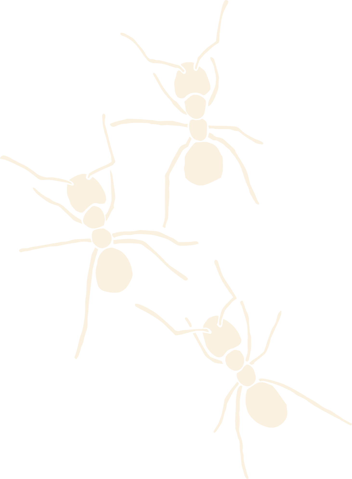 An illustration of several connected ants with outlined bodies and limbs on a black background.