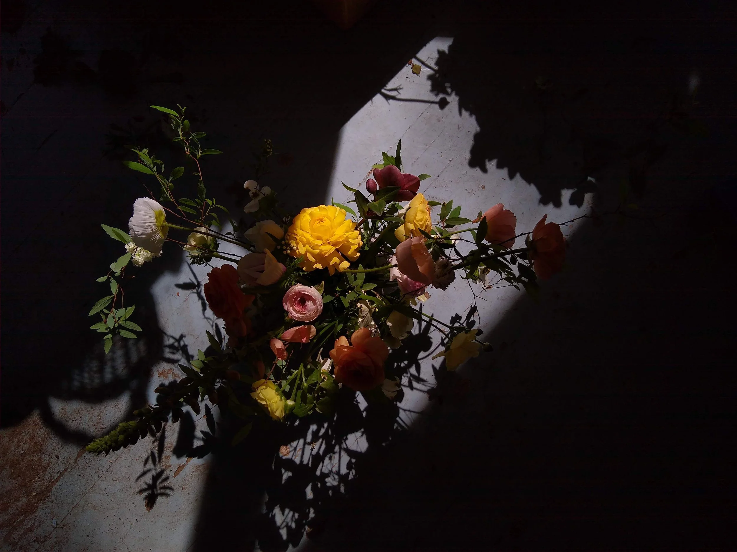 A bouquet of colorful flowers including yellow, pink, purple, and white blooms arranged on a floor with shadows cast by the flowers and surrounding foliage.