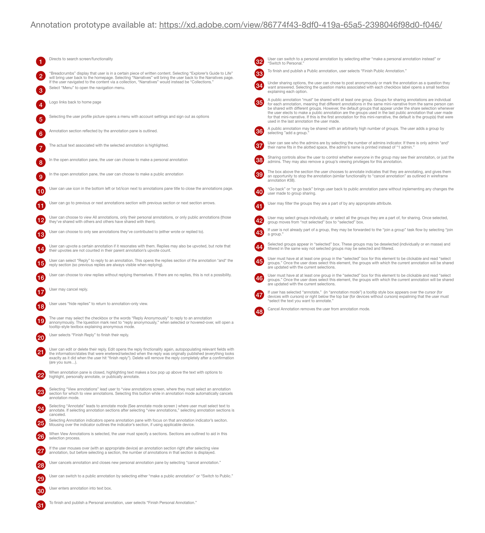  Annotations for the preceding wireframes. Blue in a wireframe indicates a selectable element. 