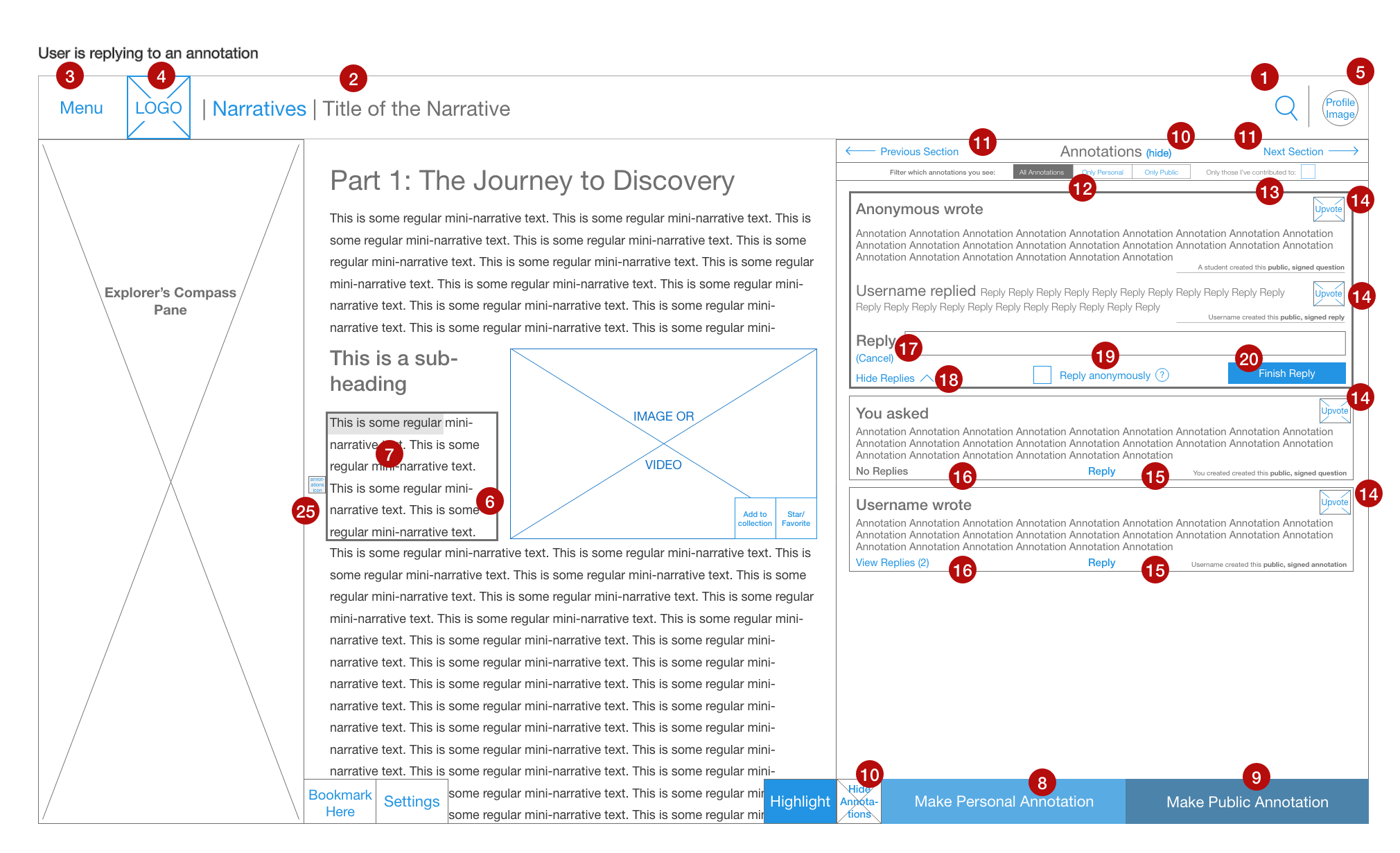  One of the annotated wireframes for the content annotation feature. Blue in a wireframe indicates a selectable element. 