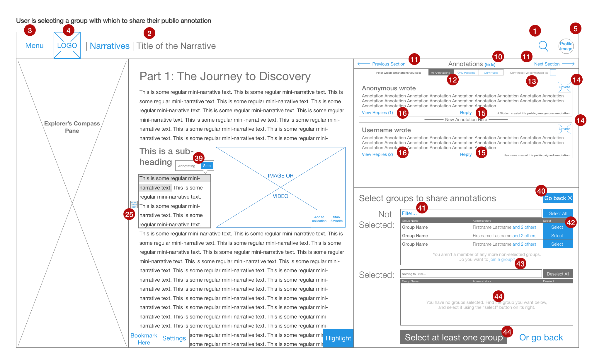  One of the annotated wireframes for the content annotation feature. Blue in a wireframe indicates a selectable element. 