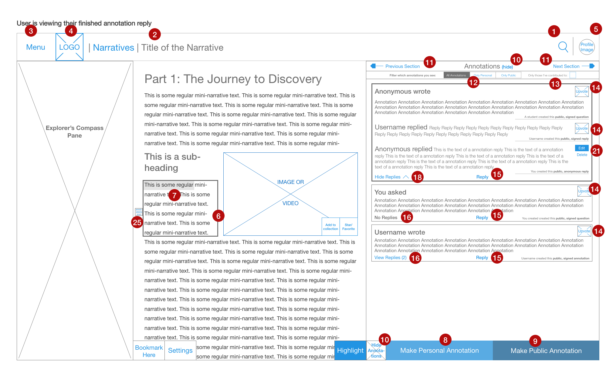  One of the annotated wireframes for the content annotation feature. Blue in a wireframe indicates a selectable element. 