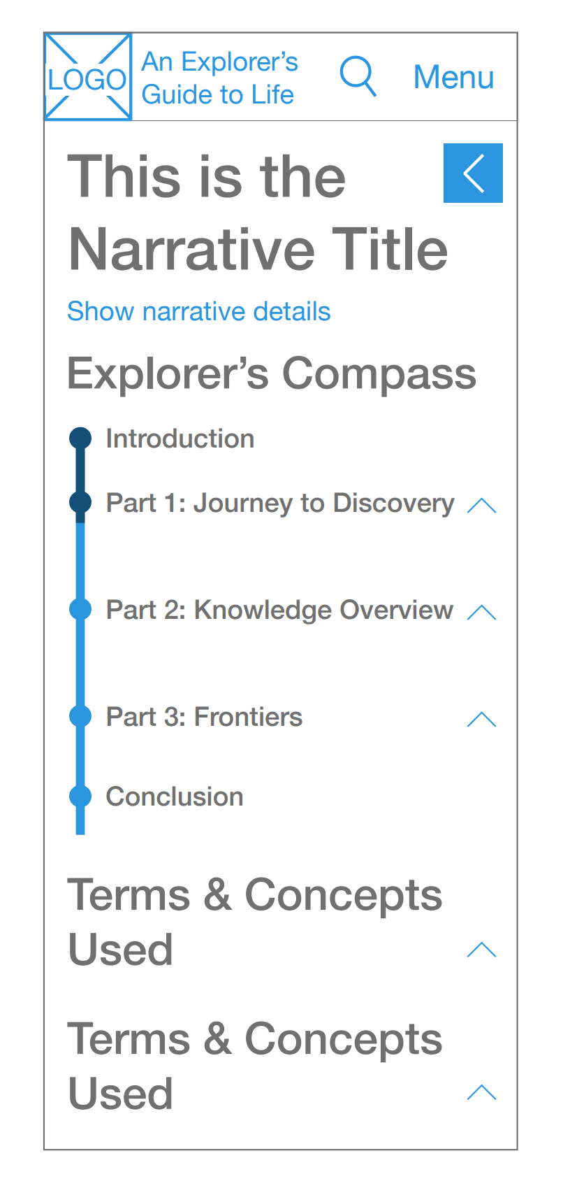 Early Wireframe of The Explorer's Compass, Mobile Size