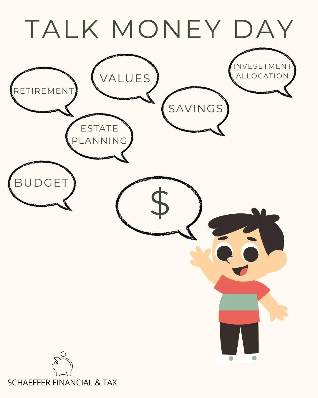 Use "Talk Money Day" to have important money related conversations such as:

- Talk to your children about spending, saving, investing, and giving
- Adult children and their parents; talk about estate planning
- Have a conversation with you