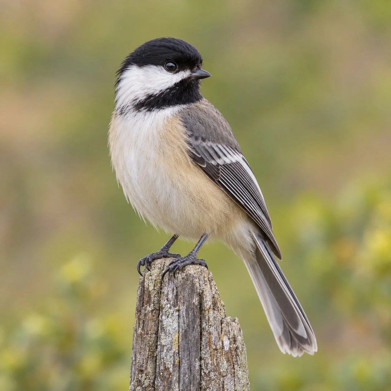 Black-capped Chickadee perched on a weathered wooden post