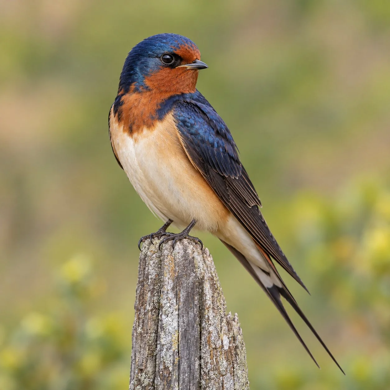 Barn Swallow perched on a weathered wooden post