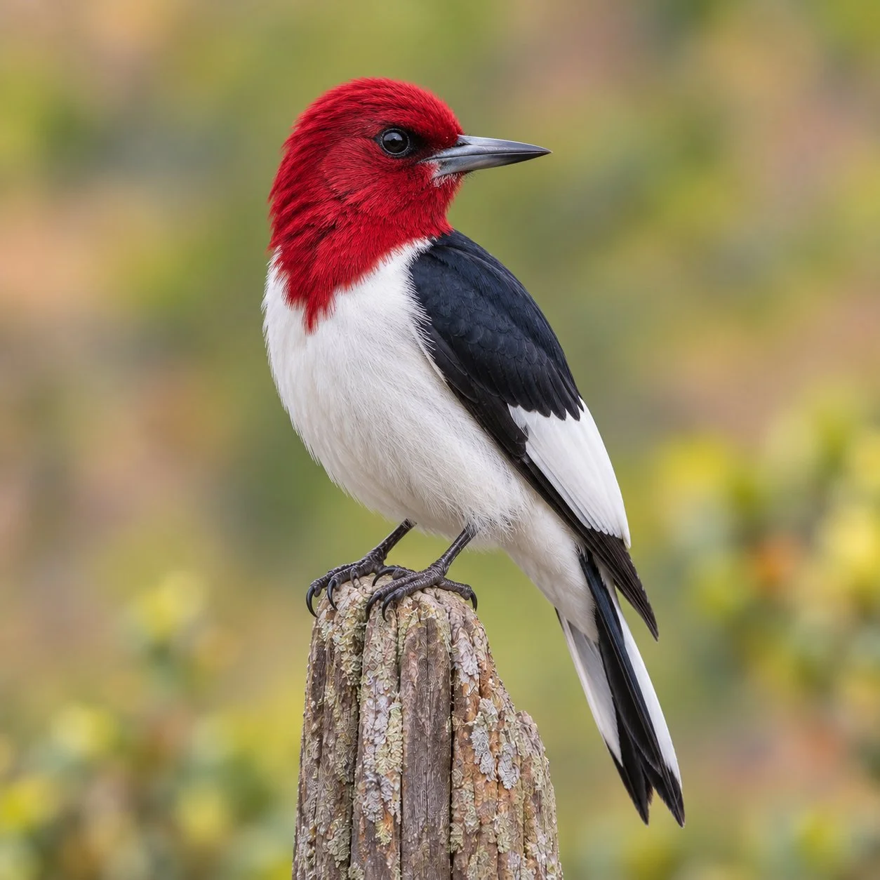 Red Headed Woodpecker perched on a wooden post