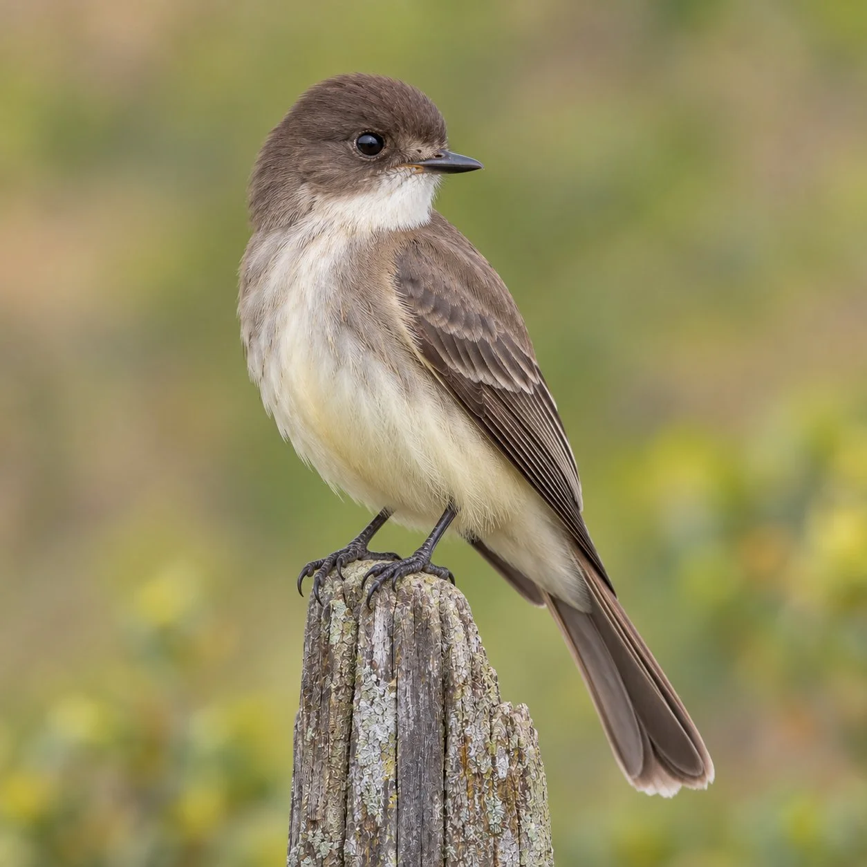 Eastern Phoebe perched on a weathered wooden post