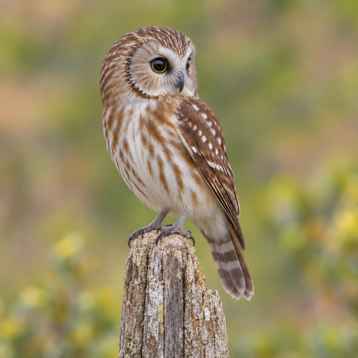Saw-Whet Owl perched on a weathered wooden post