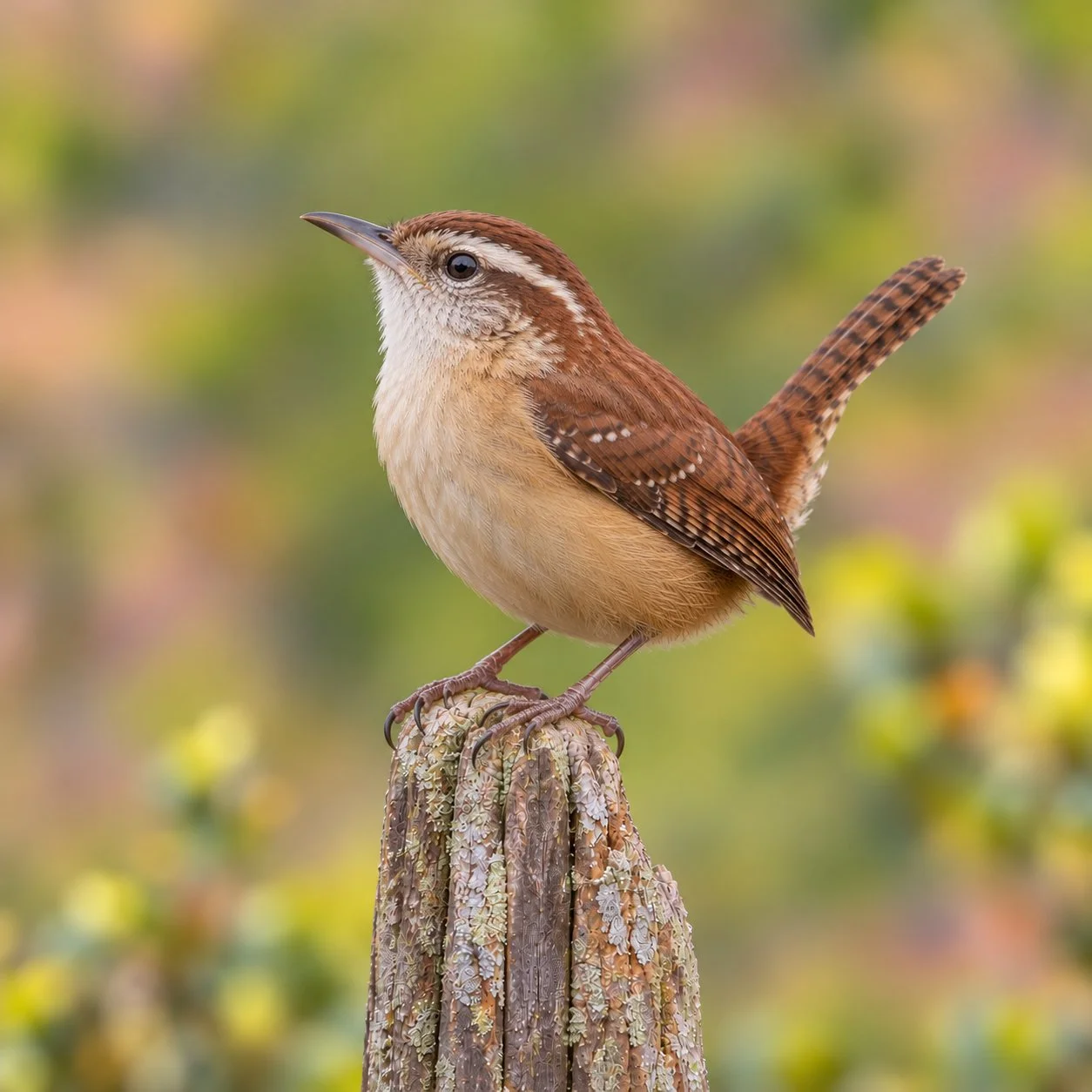 Wren perched on a weathered wooden post