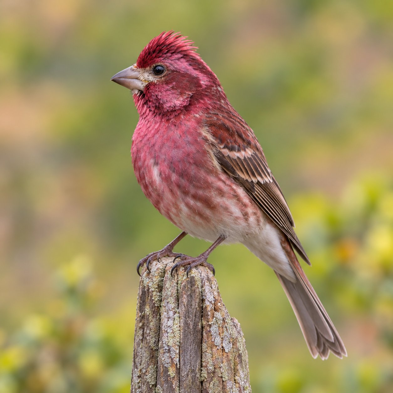 Purple Finch perched on a wooden post