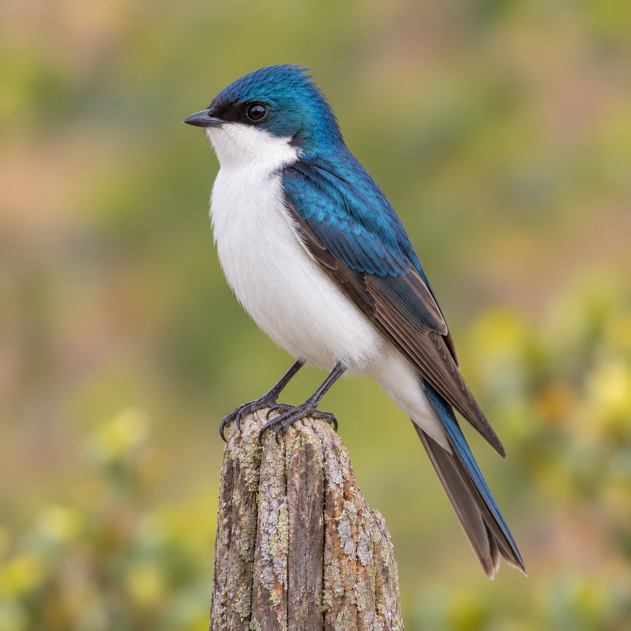 Tree Swallow perched on a weathered wooden post