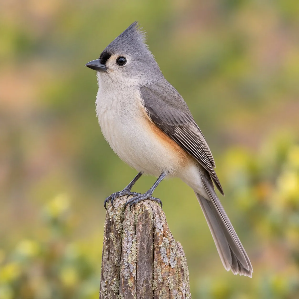 Tufted Titmouse perched on a weathered wooden post
