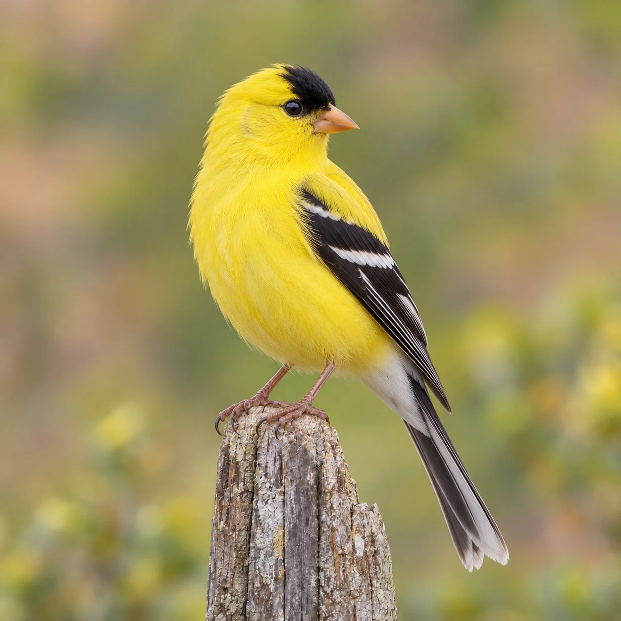 Goldfinch perched on a weathered wooden post
