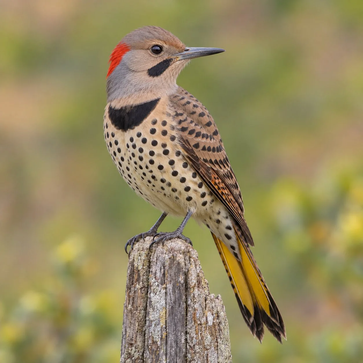 Northern Flicker perched on a weathered wooden post