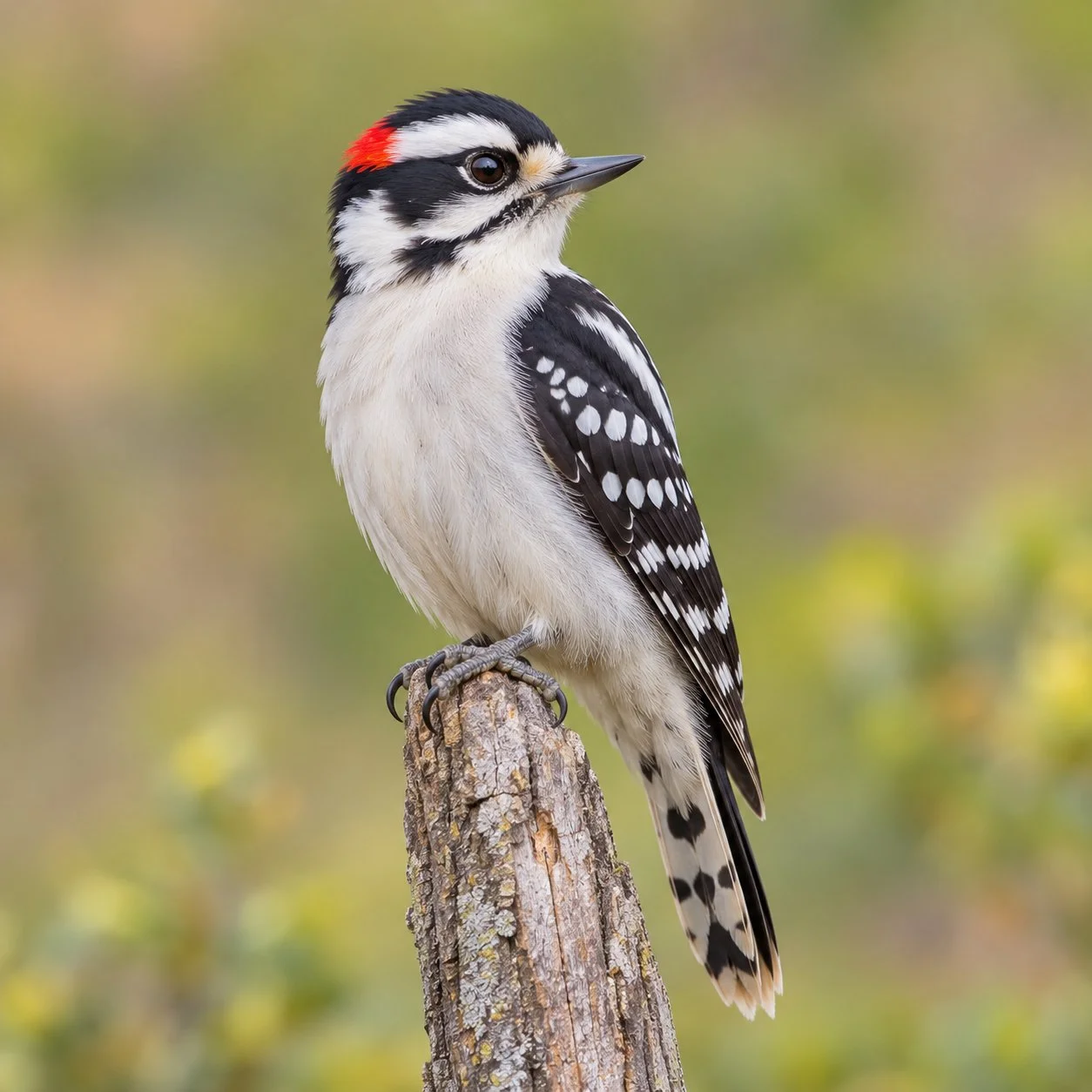 Downy Woodpecker perched on a wooden post