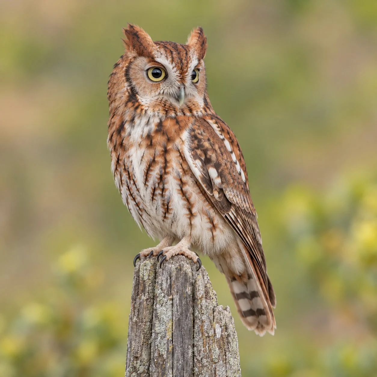 Eastern Screech Owl perched on a weathered wooden post