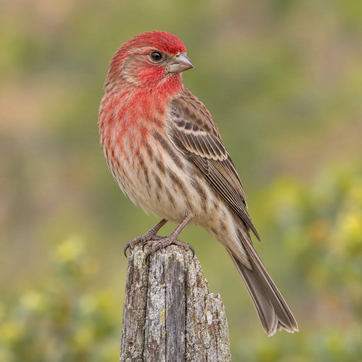 House Finch perched on a weathered wooden post