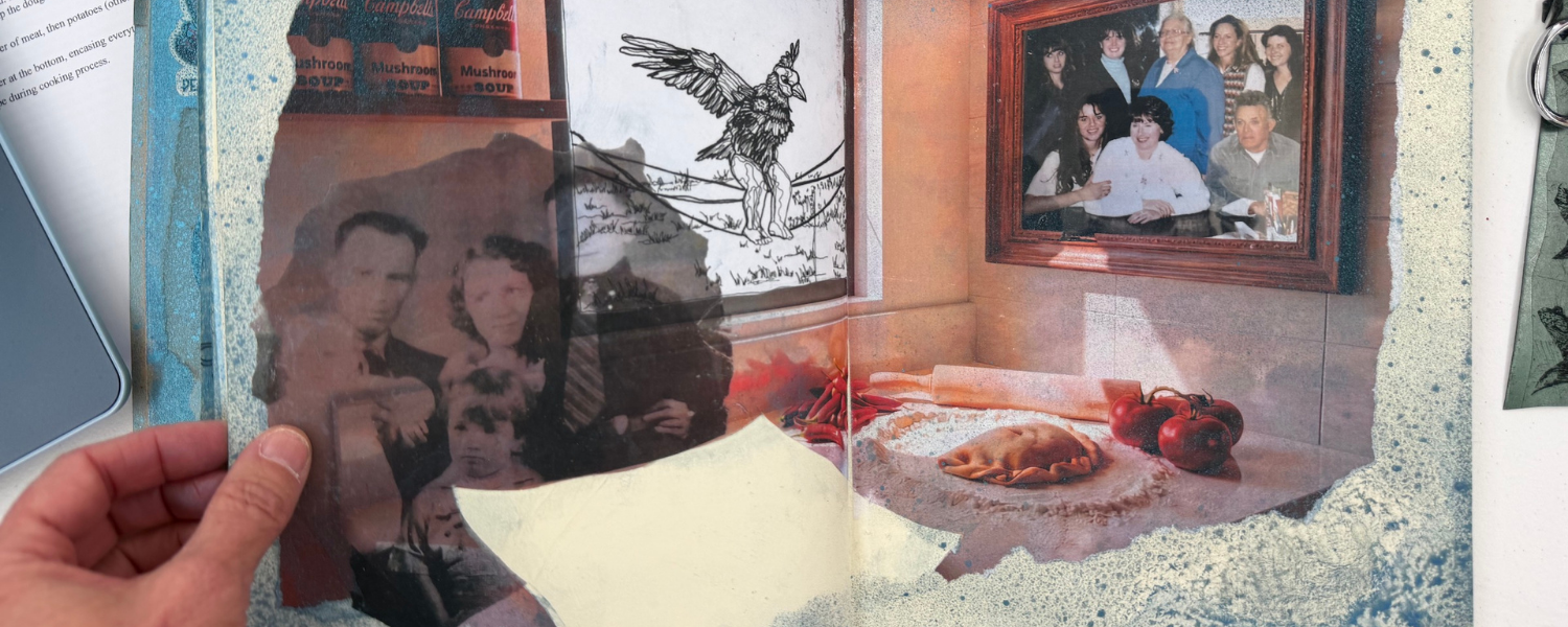Two-page spread in a notebook with a collage of family photos and food.