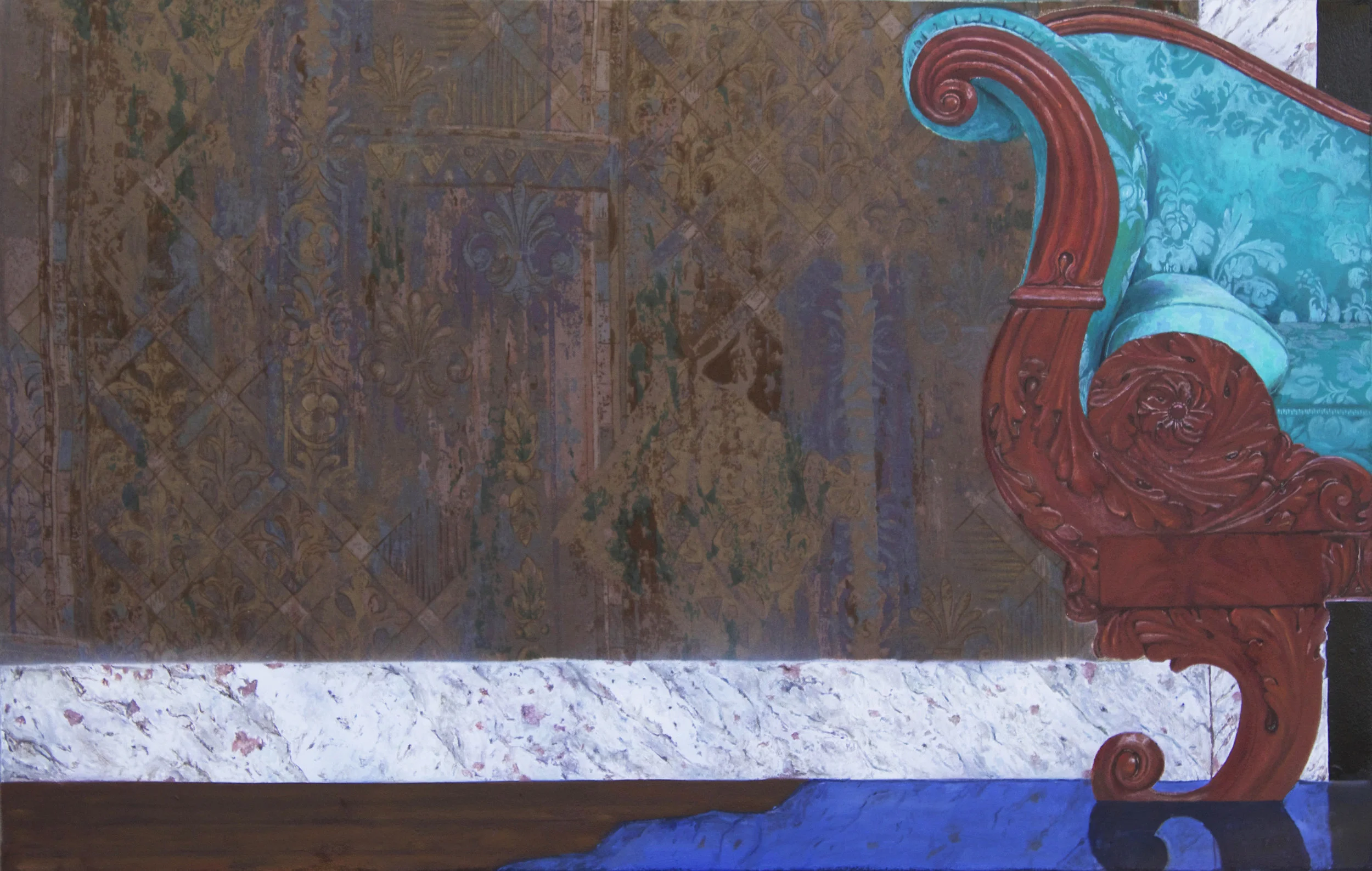 “Inheritance,” Oil and Spray Paint on Velvet Upholstery, 2016, 23” x 36”